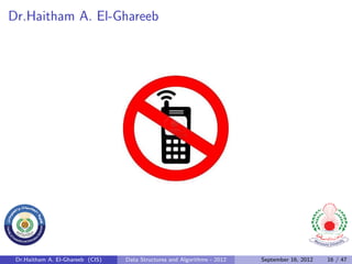 Dr.Haitham A. El-Ghareeb




 Dr.Haitham A. El-Ghareeb (CIS)   Data Structures and Algorithms - 2012   September 16, 2012   16 / 47
 