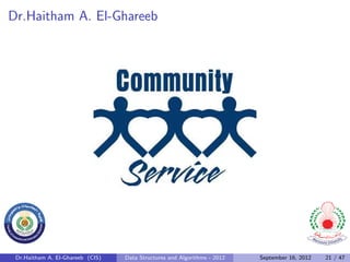 Dr.Haitham A. El-Ghareeb




 Dr.Haitham A. El-Ghareeb (CIS)   Data Structures and Algorithms - 2012   September 16, 2012   21 / 47
 