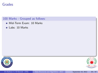 Grades


100 Marks - Grouped as follows:
      Mid-Term Exam: 10 Marks
      Labs: 10 Marks




 Dr.Haitham A. El-Ghareeb (CIS)   Data Structures and Algorithms - 2012   September 16, 2012   30 / 47
 
