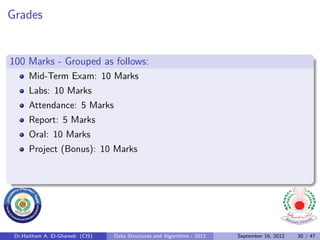 Grades


100 Marks - Grouped as follows:
      Mid-Term Exam: 10 Marks
      Labs: 10 Marks
      Attendance: 5 Marks
      Report: 5 Marks
      Oral: 10 Marks
      Project (Bonus): 10 Marks




 Dr.Haitham A. El-Ghareeb (CIS)   Data Structures and Algorithms - 2012   September 16, 2012   30 / 47
 