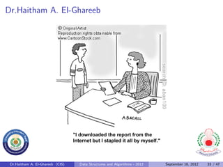 Dr.Haitham A. El-Ghareeb




 Dr.Haitham A. El-Ghareeb (CIS)   Data Structures and Algorithms - 2012   September 16, 2012   33 / 47
 