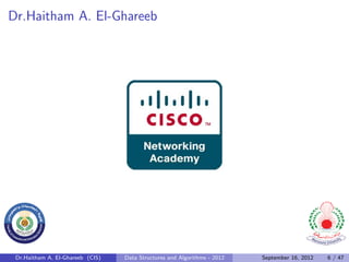 Dr.Haitham A. El-Ghareeb




 Dr.Haitham A. El-Ghareeb (CIS)   Data Structures and Algorithms - 2012   September 16, 2012   6 / 47
 