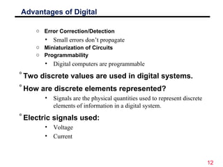 12
Advantages of Digital
o Error Correction/Detection
• Small errors don’t propagate
o Miniaturization of Circuits
o Progr...