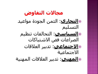 ‫التجاري‬:‫مواعيد‬ ‫الجودة‬ ‫الثمن‬
‫التسليم‬
‫السياسي‬:‫تنظيم‬ ‫التحالفات‬
‫االشتباكات‬ ‫فض‬ ‫الصراعات‬
‫االجتماعي‬:‫العالقات‬ ‫تدبير‬
‫االجتماعية‬
‫المهني‬:‫المهنية‬ ‫العالقات‬ ‫تدبير‬
 