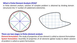 What is Finite Element Analysis (FEA)?
In finite element analysis, solution of complex problem is obtained by dividing domain
(structure) into ‘n’ number of subdomains (elements).
There are two stages in finite element analysis
Element formulation: The study of properties of one element is called as element formulation
System formulation: Assembly of properties of all elements (global study) to obtain solution
of problem is called as system formulation.
 