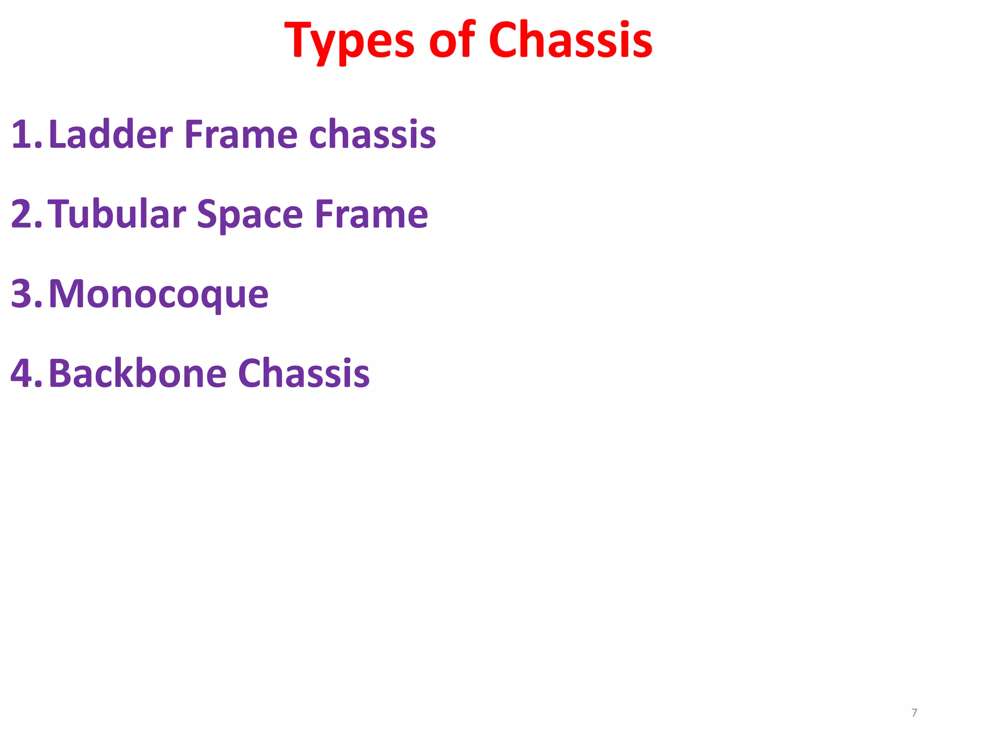 Types of Chassis
1.Ladder Frame chassis
2.Tubular Space Frame
3.Monocoque
4.Backbone Chassis
7
 