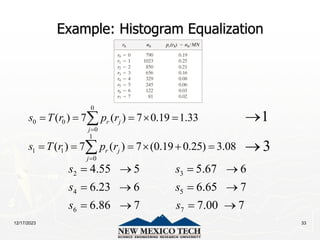 12/17/2023 33
Example: Histogram Equalization
0
0 0
0
( ) 7 ( ) 7 0.19 1.33
r j
j
s T r p r

    
 1

1
1 1
0
( ) 7 ( ) 7 (0.19 0.25) 3.08
r j
j
s T r p r

     
 3

2 3
4 5
6 7
4.55 5 5.67 6
6.23 6 6.65 7
6.86 7 7.00 7
s s
s s
s s
   
   
   
 