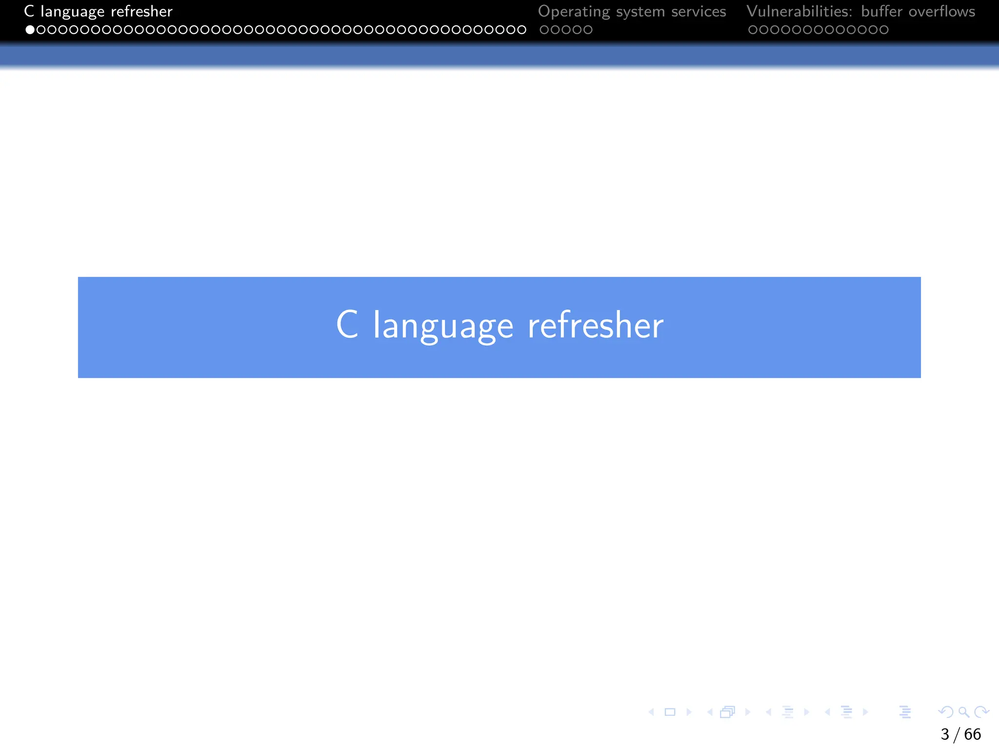 C language refresher Operating system services Vulnerabilities: buffer overflows
C language refresher
3 / 66
 