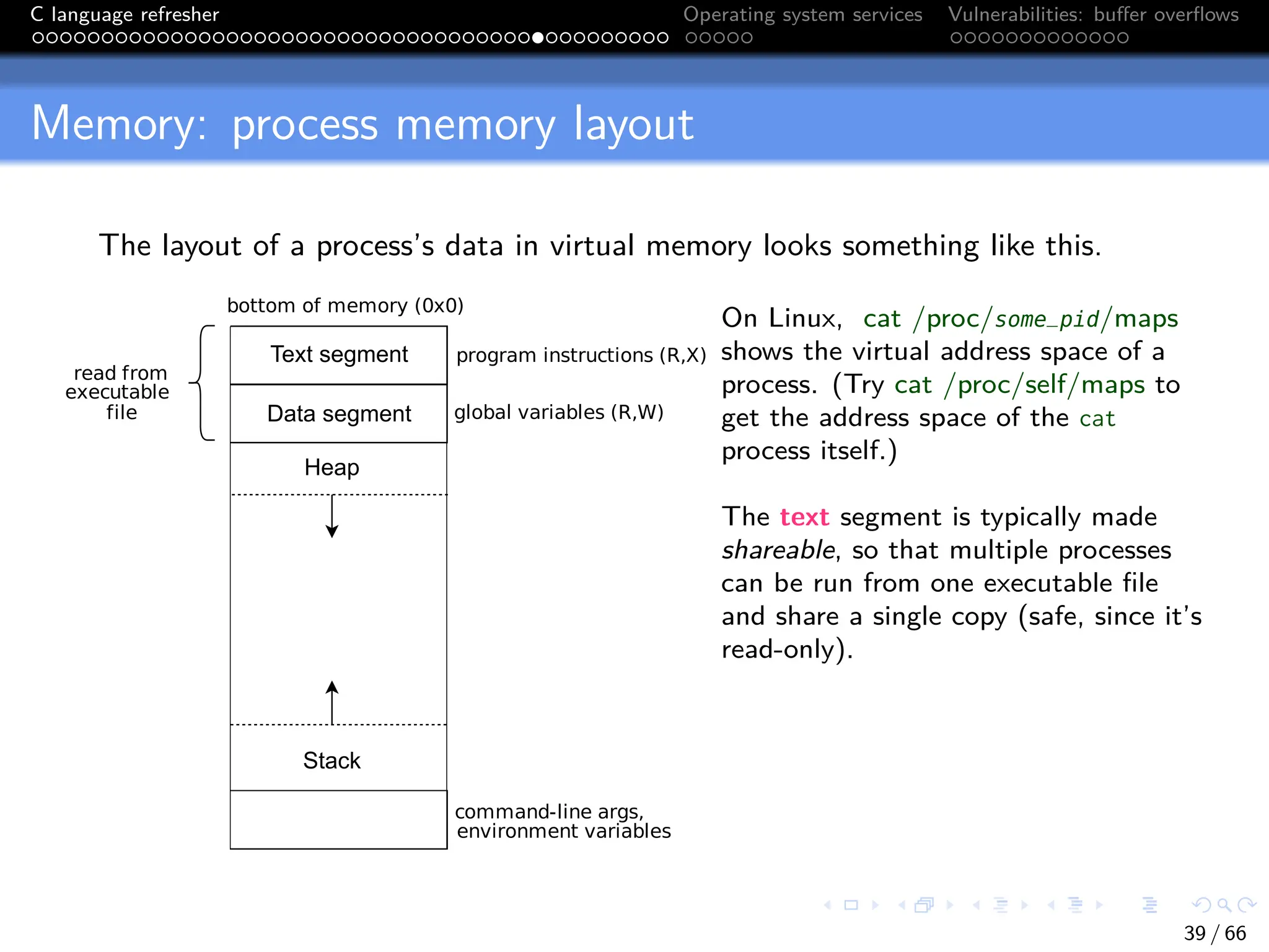 C language refresher Operating system services Vulnerabilities: buffer overflows
Memory: process memory layout
The layout of a process’s data in virtual memory looks something like this.
program instructions (R,X)
global variables (R,W)
command-line args,
environment variables
bottom of memory (0x0)
read from
executable
file
On Linux, cat /proc/some_pid/maps
shows the virtual address space of a
process. (Try cat /proc/self/maps to
get the address space of the cat
process itself.)
The text segment is typically made
shareable, so that multiple processes
can be run from one executable file
and share a single copy (safe, since it’s
read-only).
39 / 66
 