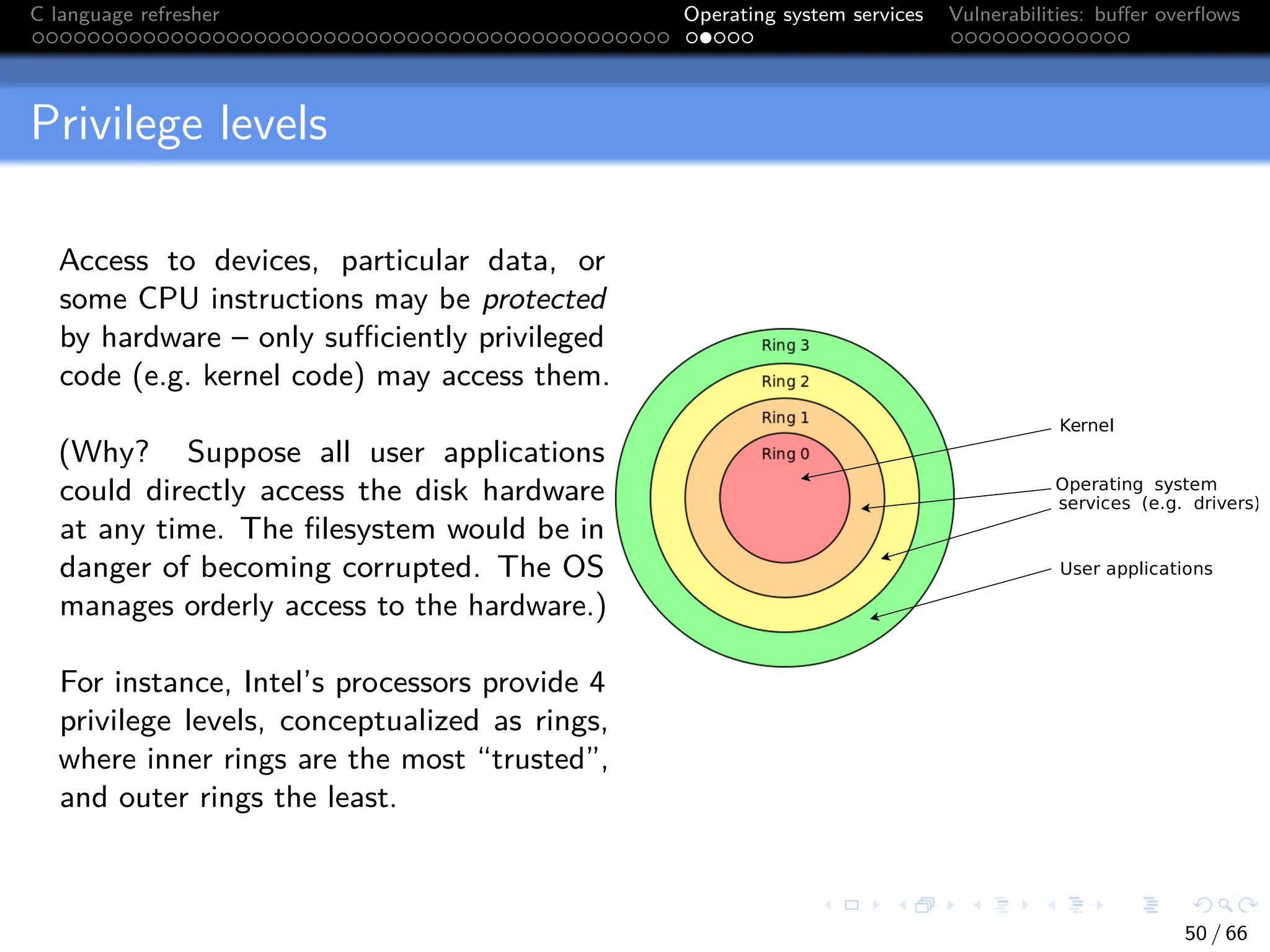 C language refresher Operating system services Vulnerabilities: buffer overflows
Privilege levels
Access to devices, particular data, or
some CPU instructions may be protected
by hardware – only sufficiently privileged
code (e.g. kernel code) may access them.
(Why? Suppose all user applications
could directly access the disk hardware
at any time. The filesystem would be in
danger of becoming corrupted. The OS
manages orderly access to the hardware.)
For instance, Intel’s processors provide 4
privilege levels, conceptualized as rings,
where inner rings are the most “trusted”,
and outer rings the least.
Kernel
Operating system
services (e.g. drivers)
User applications
50 / 66
 