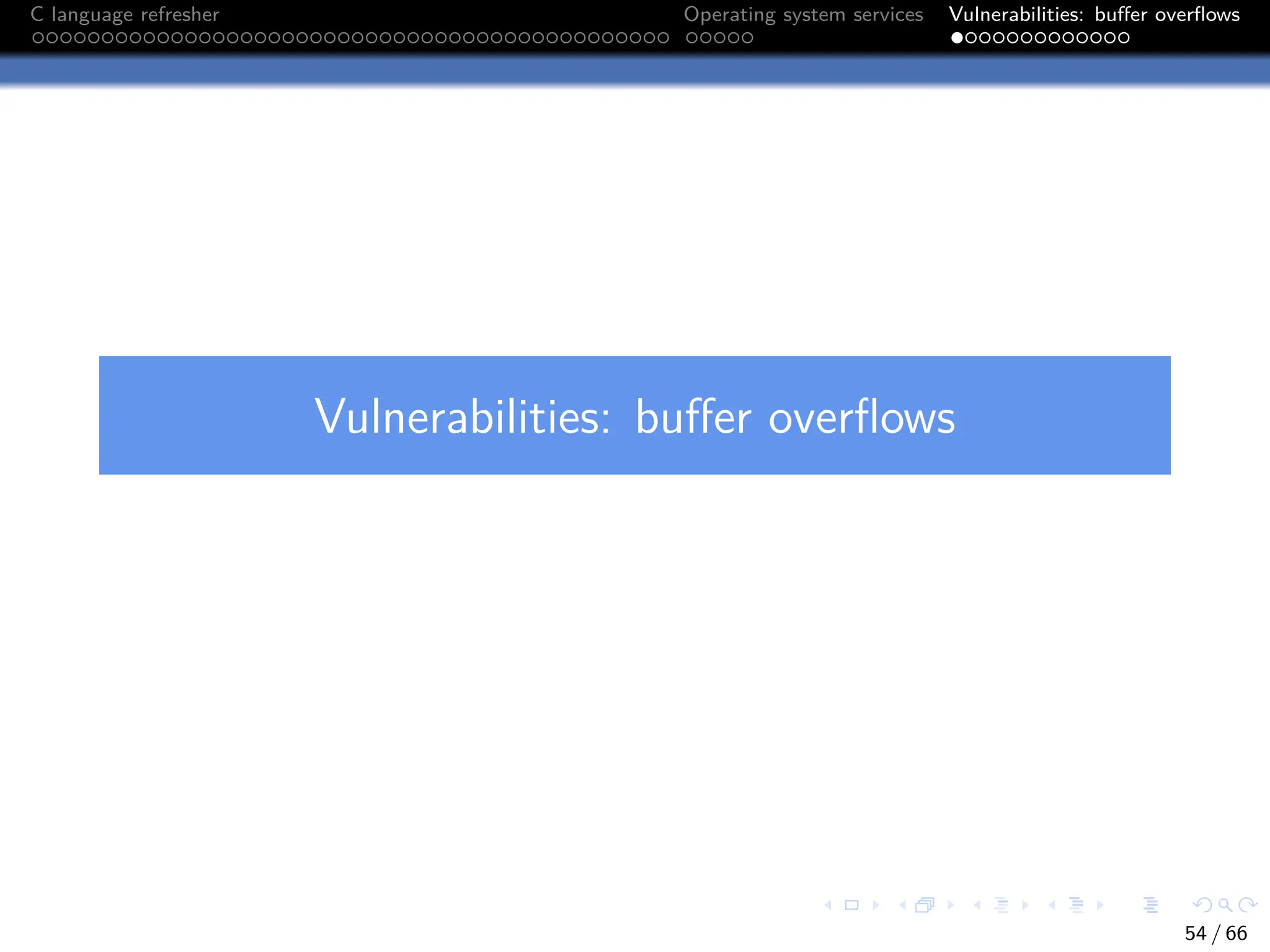 C language refresher Operating system services Vulnerabilities: buffer overflows
Vulnerabilities: buffer overflows
54 / 66
 