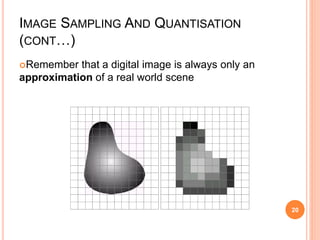 IMAGE SAMPLING AND QUANTISATION
(CONT…)
Remember that a digital image is always only an
approximation of a real world scene
20
 