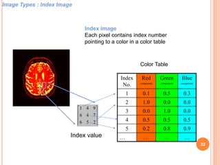 Image Types : Index Image
Index image
Each pixel contains index number
pointing to a color in a color table










256
746
941
Index value
Index
No.
Red
component
Green
component
Blue
component
1 0.1 0.5 0.3
2 1.0 0.0 0.0
3 0.0 1.0 0.0
4 0.5 0.5 0.5
5 0.2 0.8 0.9
… … … …
Color Table
32
 