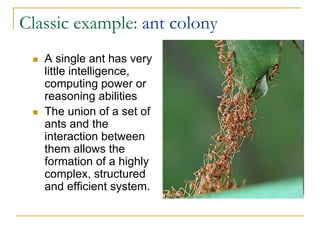 Classic example: ant colony
   A single ant has very
   little intelligence,
   computing power or
   reasoning abilities
   The union of a set of
   ants and the
   interaction between
   them allows the
   formation of a highly
   complex, structured
   and efficient system.
 