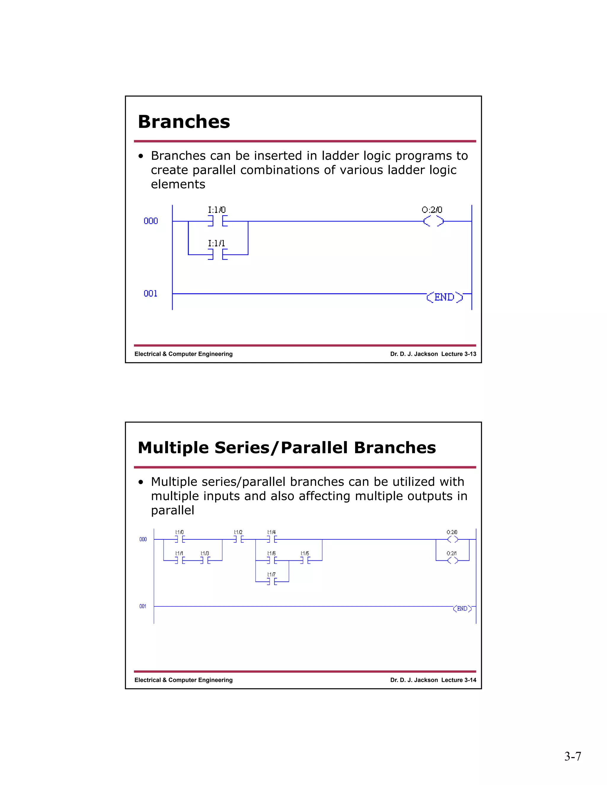 3-7
Dr. D. J. Jackson Lecture 3-13Electrical & Computer Engineering
Branches
• Branches can be inserted in ladder logic programs to
create parallel combinations of various ladder logic
elements
Dr. D. J. Jackson Lecture 3-14Electrical & Computer Engineering
Multiple Series/Parallel Branches
• Multiple series/parallel branches can be utilized with
multiple inputs and also affecting multiple outputs in
parallel
 