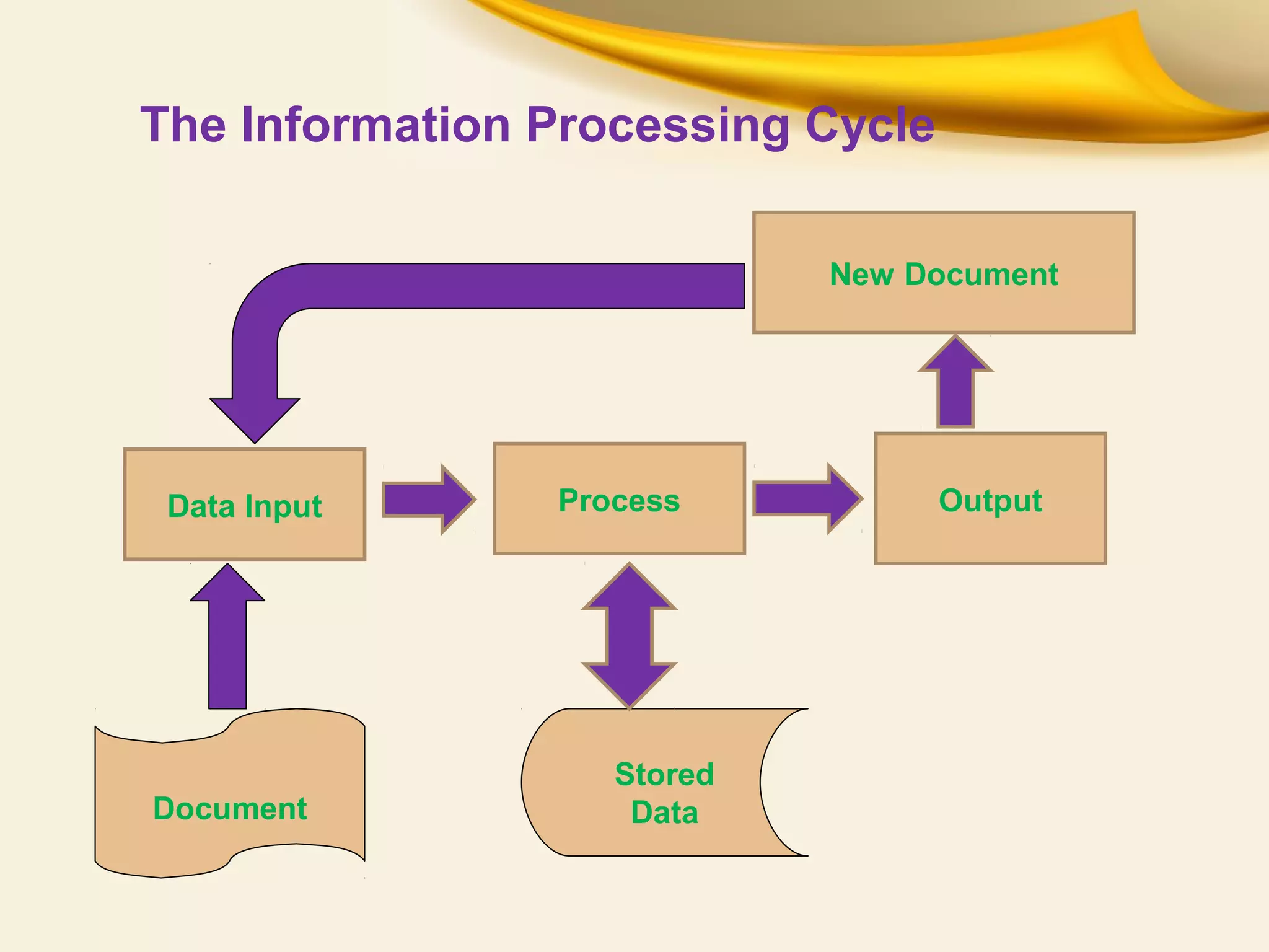The Information Processing Cycle
Stored
DataDocument
Data Input Process Output
New Document
 