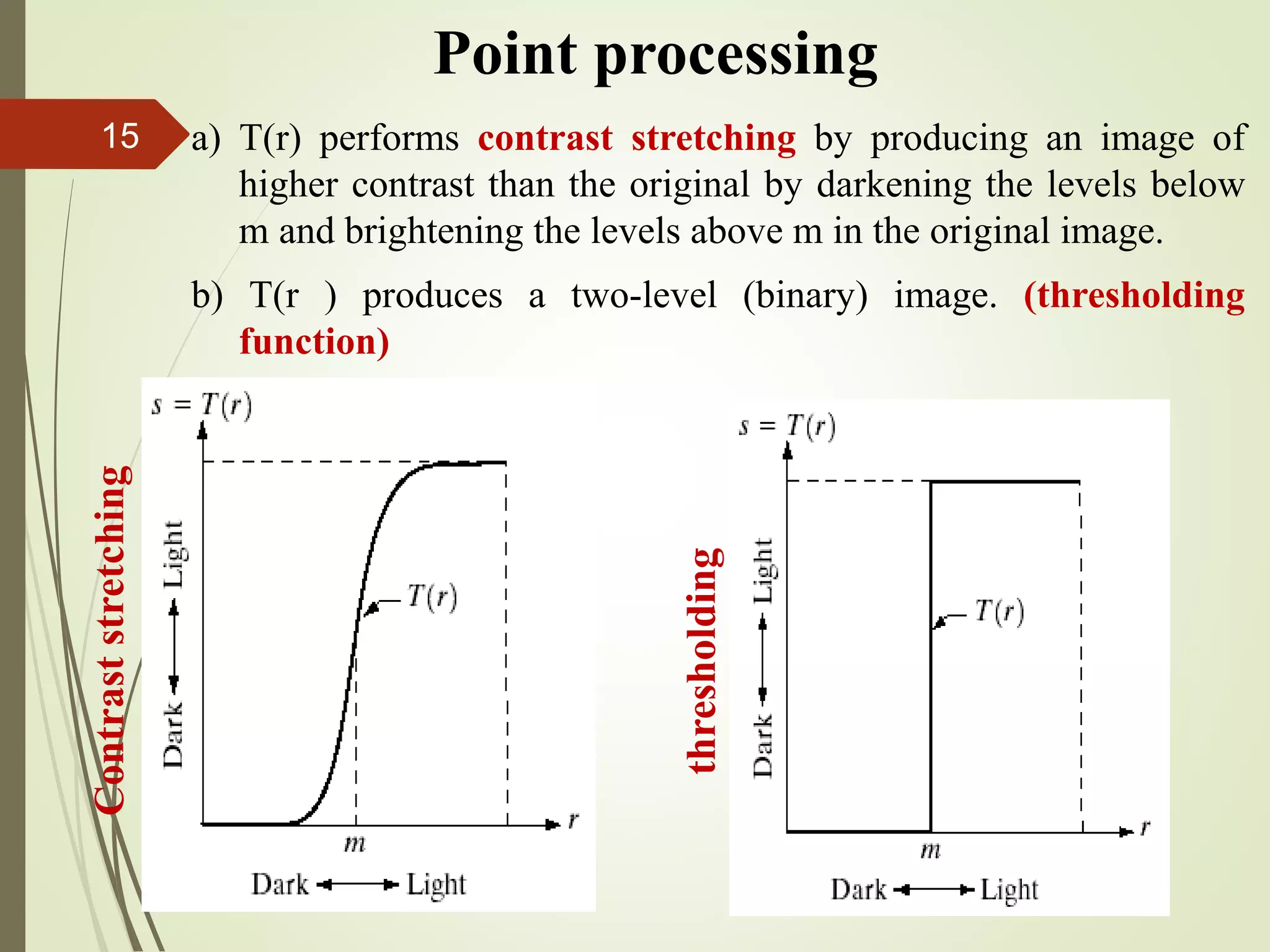 Point processing
a) T(r) performs contrast stretching by producing an image of
higher contrast than the original by darkening the levels below
m and brightening the levels above m in the original image.
b) T(r ) produces a two-level (binary) image. (thresholding
function)
Contraststretching
thresholding
15
 