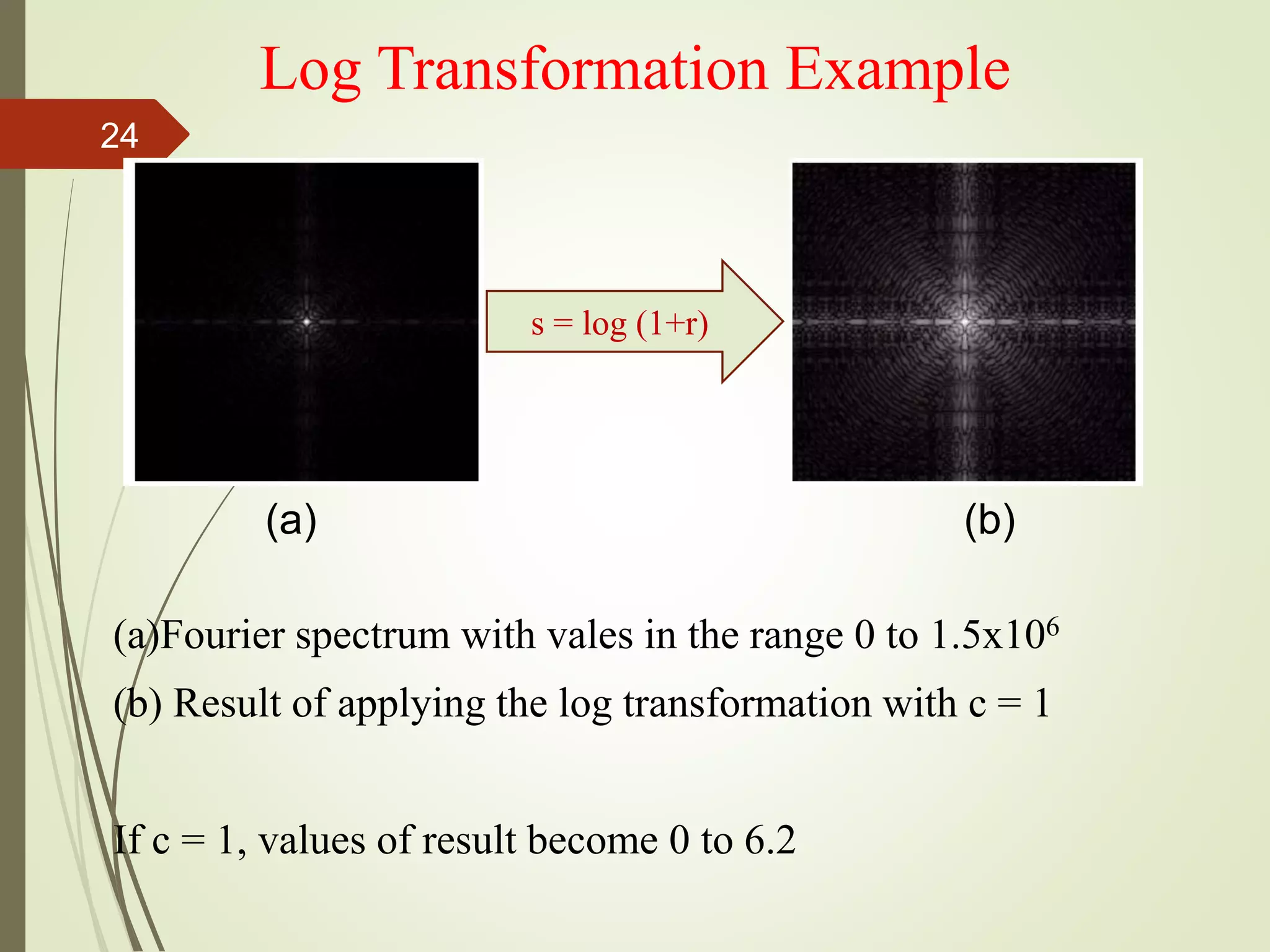 (a)Fourier spectrum with vales in the range 0 to 1.5x106
(b) Result of applying the log transformation with c = 1
If c = 1, values of result become 0 to 6.2
Log Transformation Example
s = log (1+r)
(a) (b)
24
 