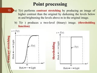 Point processing
a) T(r) performs contrast stretching by producing an image of
higher contrast than the original by darkening the levels below
m and brightening the levels above m in the original image.
b) T(r ) produces a two-level (binary) image. (thresholding
function)
Contraststretching
thresholding
15
 