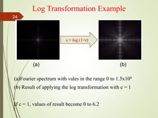 (a)Fourier spectrum with vales in the range 0 to 1.5x106
(b) Result of applying the log transformation with c = 1
If c = 1, values of result become 0 to 6.2
Log Transformation Example
s = log (1+r)
(a) (b)
24
 