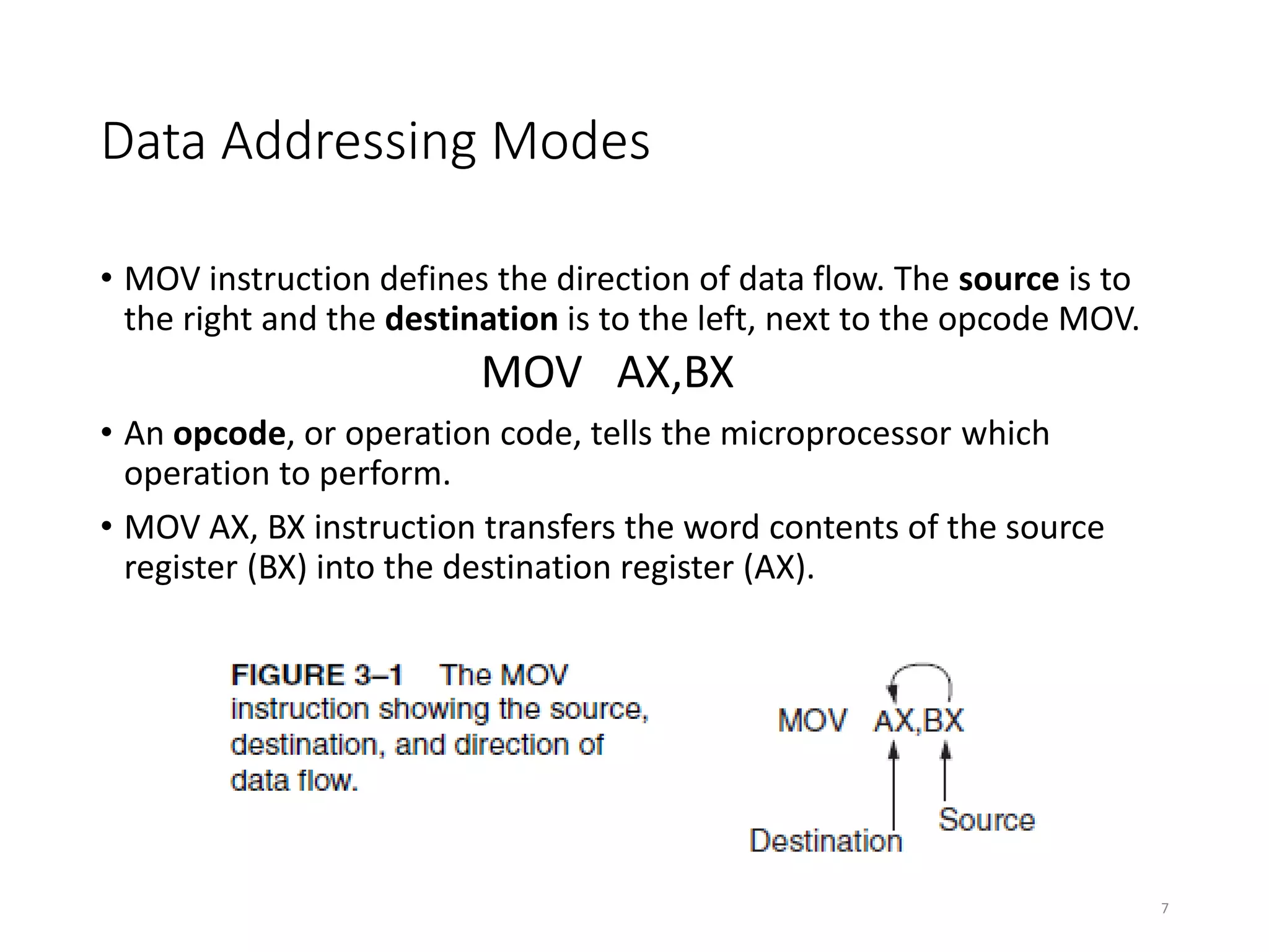 Data Addressing Modes
• MOV instruction defines the direction of data flow. The source is to
the right and the destination is to the left, next to the opcode MOV.
MOV AX,BX
• An opcode, or operation code, tells the microprocessor which
operation to perform.
• MOV AX, BX instruction transfers the word contents of the source
register (BX) into the destination register (AX).
7
 