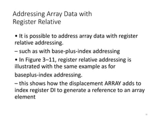 Addressing Array Data with
Register Relative
• It is possible to address array data with register
relative addressing.
– such as with base-plus-index addressing
• In Figure 3–11, register relative addressing is
illustrated with the same example as for
baseplus-index addressing.
– this shows how the displacement ARRAY adds to
index register DI to generate a reference to an array
element
30
 