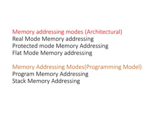 Memory addressing modes (Architectural)
Real Mode Memory addressing
Protected mode Memory Addressing
Flat Mode Memory addressing
Memory Addressing Modes(Programming Model)
Program Memory Addressing
Stack Memory Addressing
 