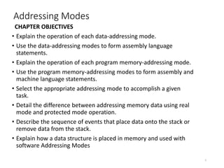 Addressing Modes
CHAPTER OBJECTIVES
• Explain the operation of each data-addressing mode.
• Use the data-addressing modes to form assembly language
statements.
• Explain the operation of each program memory-addressing mode.
• Use the program memory-addressing modes to form assembly and
machine language statements.
• Select the appropriate addressing mode to accomplish a given
task.
• Detail the difference between addressing memory data using real
mode and protected mode operation.
• Describe the sequence of events that place data onto the stack or
remove data from the stack.
• Explain how a data structure is placed in memory and used with
software Addressing Modes
5
 