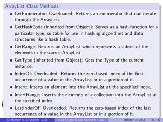 ArrayList Class Methods
     GetEnumerator: Overloaded. Returns an enumerator that can iterate
     through the ArrayList.
     GetHashCode (inherited from Object): Serves as a hash function for a
     particular type, suitable for use in hashing algorithms and data
     structures like a hash table.
     GetRange: Returns an ArrayList which represents a subset of the
     elements in the source ArrayList.
     GetType (inherited from Object): Gets the Type of the current
     instance.
     IndexOf: Overloaded. Returns the zero-based index of the ﬁrst
     occurrence of a value in the ArrayList or in a portion of it.
     Insert: Inserts an element into the ArrayList at the speciﬁed index.
     InsertRange: Inserts the elements of a collection into the ArrayList at
     the speciﬁed index.
     LastIndexOf: Overloaded. Returns the zero-based index of the last
     occurrence of a value in the ArrayList or in a portion of it.
Dr.Haitham A. El-Ghareeb (CIS)   Data Structures and Algorithms - 2012   October 14, 2012   27 / 32
 
