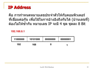 IP Address
คือ การกำาหนดหมายเลขประจำาตัวให้กับคอมพิวเตอร์
ที่เชือมต่อกัน เพื่อใช้ในการอ้างอิงถึงกันได้ (บ้านเลขที่)
      ่
ต้องไม่ให้ซำากัน หมายเลข IP จะมี 4 ชุด ชุดละ 8 Bit
 192.168.0.1


   11000000    10101000         00000000        00000001

     192         168                   0            1




                          Lect04 Web Database              10
 