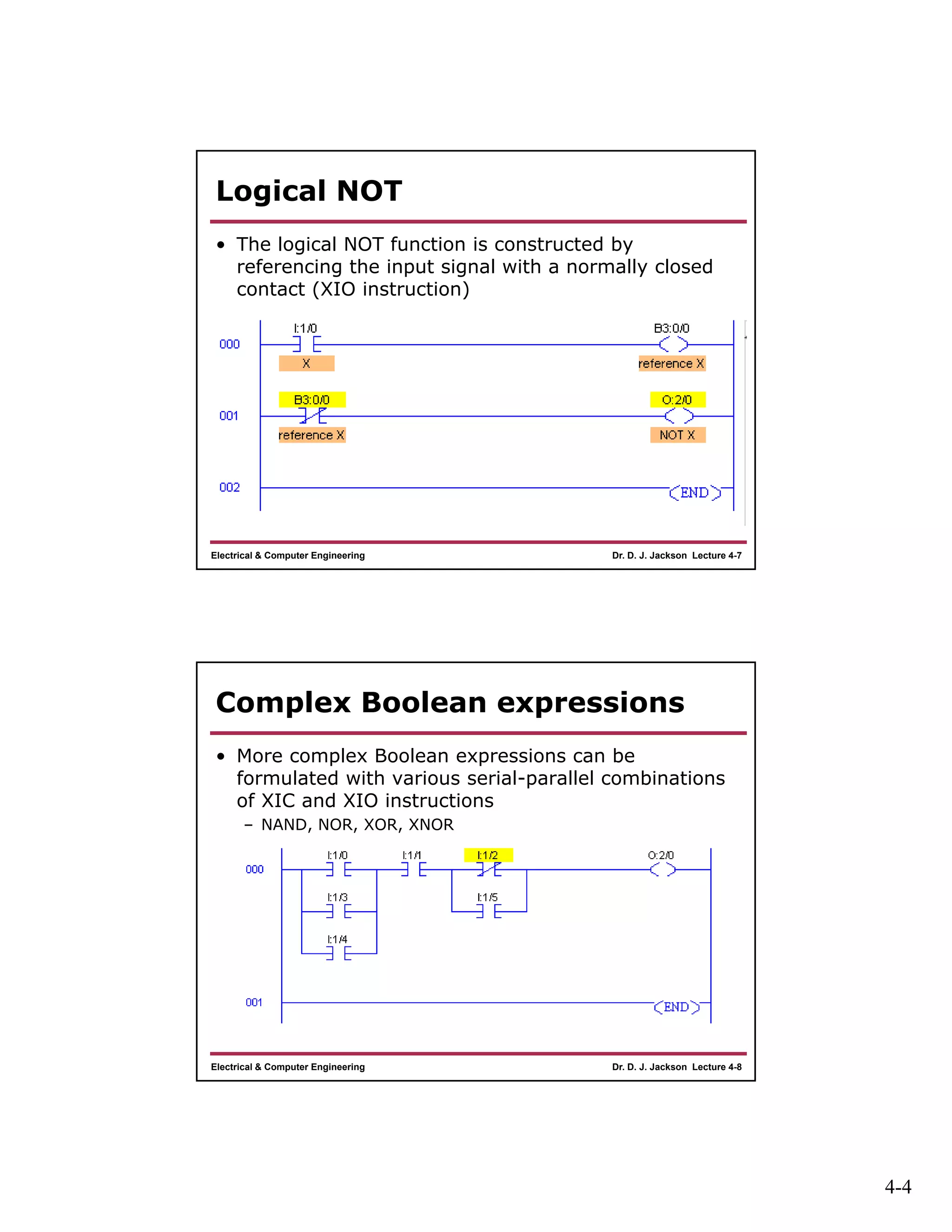 4-4
Dr. D. J. Jackson Lecture 4-7Electrical & Computer Engineering
Logical NOT
• The logical NOT function is constructed by
referencing the input signal with a normally closed
contact (XIO instruction)
Dr. D. J. Jackson Lecture 4-8Electrical & Computer Engineering
Complex Boolean expressions
• More complex Boolean expressions can be
formulated with various serial-parallel combinations
of XIC and XIO instructions
– NAND, NOR, XOR, XNOR
 