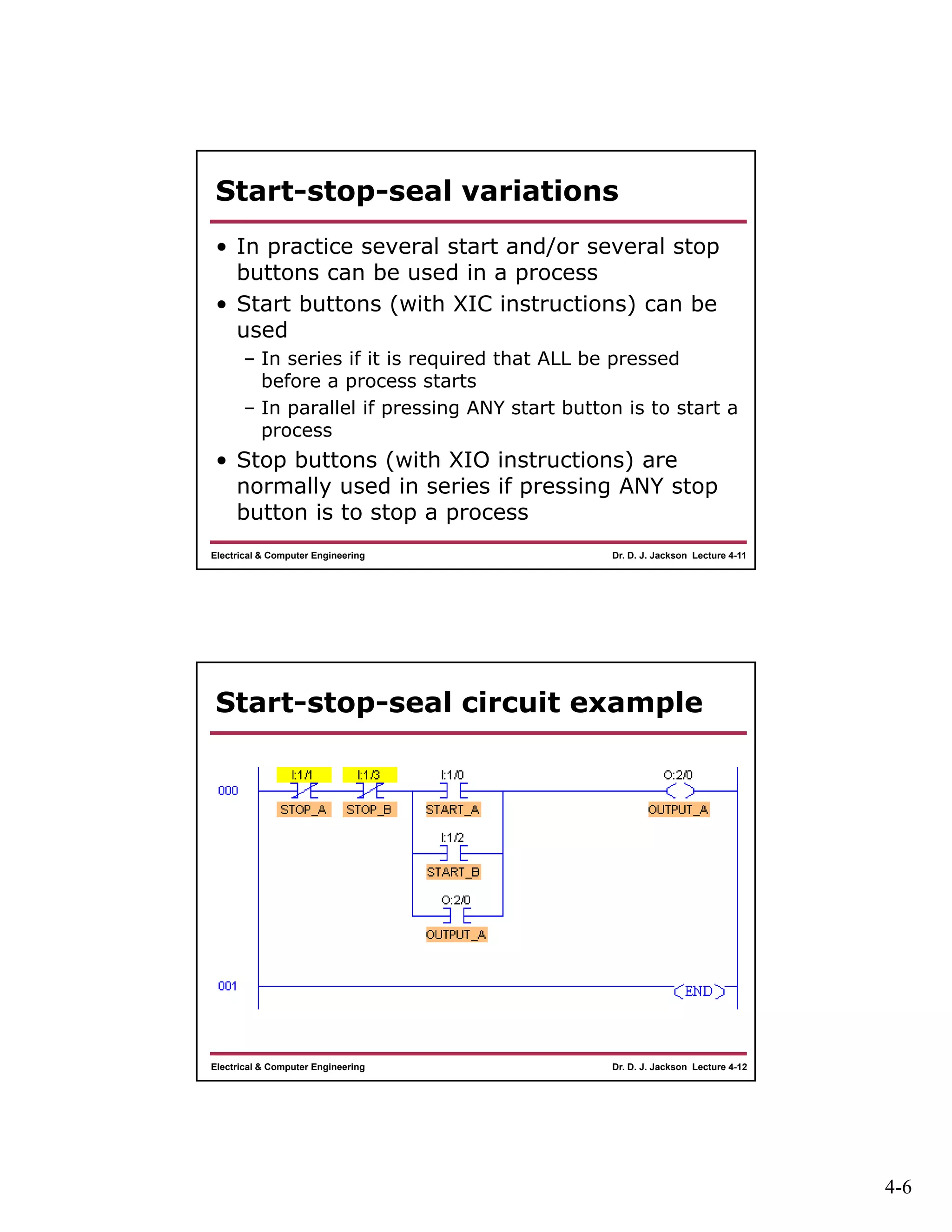4-6
Dr. D. J. Jackson Lecture 4-11Electrical & Computer Engineering
Start-stop-seal variations
• In practice several start and/or several stop
buttons can be used in a process
• Start buttons (with XIC instructions) can be
used
– In series if it is required that ALL be pressed
before a process starts
– In parallel if pressing ANY start button is to start a
process
• Stop buttons (with XIO instructions) are
normally used in series if pressing ANY stop
button is to stop a process
Dr. D. J. Jackson Lecture 4-12Electrical & Computer Engineering
Start-stop-seal circuit example
 