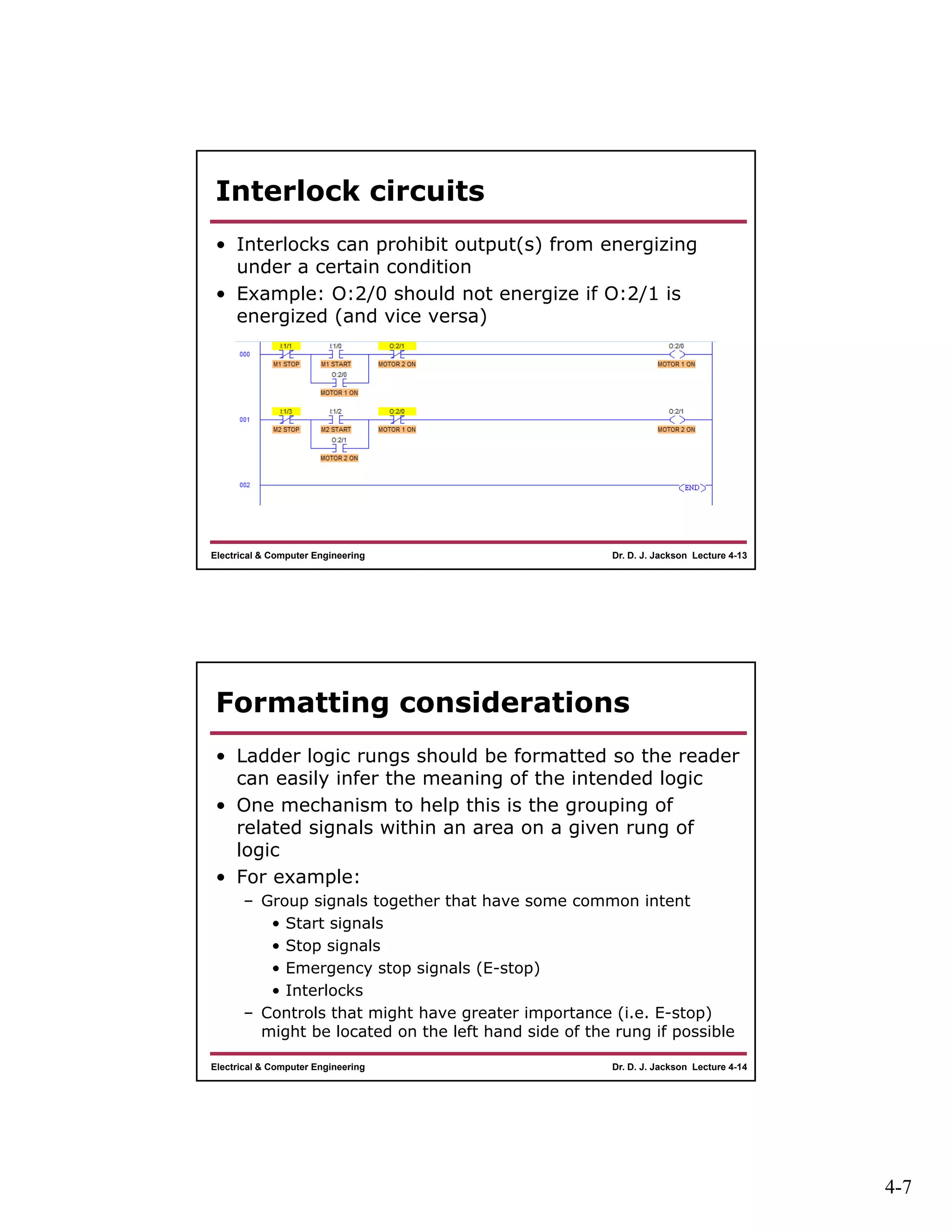 4-7
Dr. D. J. Jackson Lecture 4-13Electrical & Computer Engineering
Interlock circuits
• Interlocks can prohibit output(s) from energizing
under a certain condition
• Example: O:2/0 should not energize if O:2/1 is
energized (and vice versa)
Dr. D. J. Jackson Lecture 4-14Electrical & Computer Engineering
Formatting considerations
• Ladder logic rungs should be formatted so the reader
can easily infer the meaning of the intended logic
• One mechanism to help this is the grouping of
related signals within an area on a given rung of
logic
• For example:
– Group signals together that have some common intent
• Start signals
• Stop signals
• Emergency stop signals (E-stop)
• Interlocks
– Controls that might have greater importance (i.e. E-stop)
might be located on the left hand side of the rung if possible
 