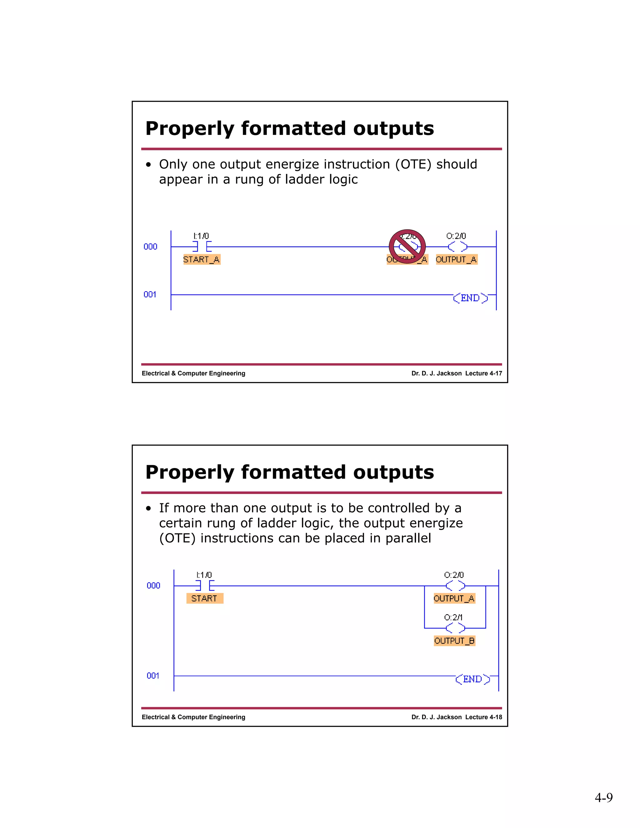 4-9
Dr. D. J. Jackson Lecture 4-17Electrical & Computer Engineering
Properly formatted outputs
• Only one output energize instruction (OTE) should
appear in a rung of ladder logic
Dr. D. J. Jackson Lecture 4-18Electrical & Computer Engineering
Properly formatted outputs
• If more than one output is to be controlled by a
certain rung of ladder logic, the output energize
(OTE) instructions can be placed in parallel
 
