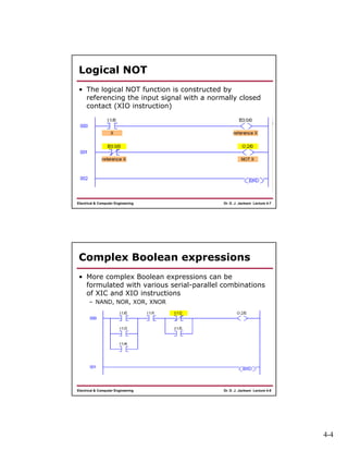 4-4
Dr. D. J. Jackson Lecture 4-7Electrical & Computer Engineering
Logical NOT
• The logical NOT function is constructed by
referencing the input signal with a normally closed
contact (XIO instruction)
Dr. D. J. Jackson Lecture 4-8Electrical & Computer Engineering
Complex Boolean expressions
• More complex Boolean expressions can be
formulated with various serial-parallel combinations
of XIC and XIO instructions
– NAND, NOR, XOR, XNOR
 