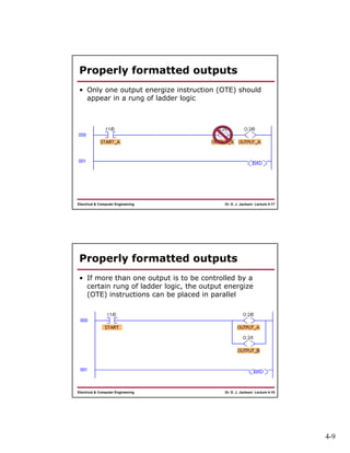 4-9
Dr. D. J. Jackson Lecture 4-17Electrical & Computer Engineering
Properly formatted outputs
• Only one output energize instruction (OTE) should
appear in a rung of ladder logic
Dr. D. J. Jackson Lecture 4-18Electrical & Computer Engineering
Properly formatted outputs
• If more than one output is to be controlled by a
certain rung of ladder logic, the output energize
(OTE) instructions can be placed in parallel
 