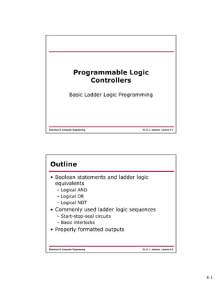 4-1
Dr. D. J. Jackson Lecture 4-1Electrical & Computer Engineering
Programmable Logic
Controllers
Basic Ladder Logic Programming
Dr. D. J. Jackson Lecture 4-2Electrical & Computer Engineering
Outline
• Boolean statements and ladder logic
equivalents
– Logical AND
– Logical OR
– Logical NOT
• Commonly used ladder logic sequences
– Start-stop-seal circuits
– Basic interlocks
• Properly formatted outputs
 