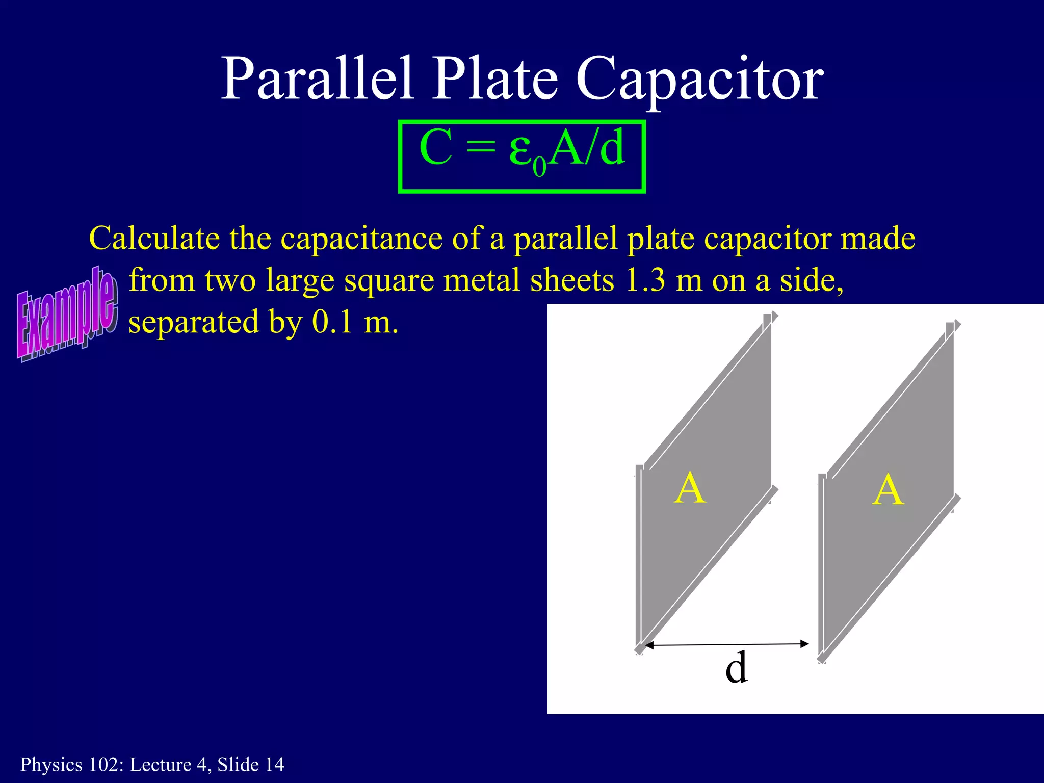Parallel Plate Capacitor C =   0 A/d Calculate the capacitance of a parallel plate capacitor made from two large square metal sheets 1.3 m on a side, separated by 0.1 m. A d A Example 