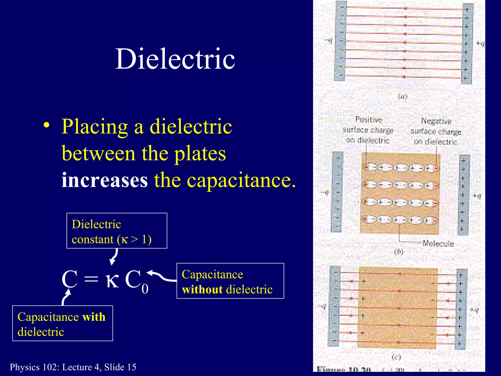 Dielectric Placing a dielectric between the plates  increases  the capacitance. C =    C 0 Capacitance  with  dielectric Dielectric constant (   > 1) Capacitance  without  dielectric 