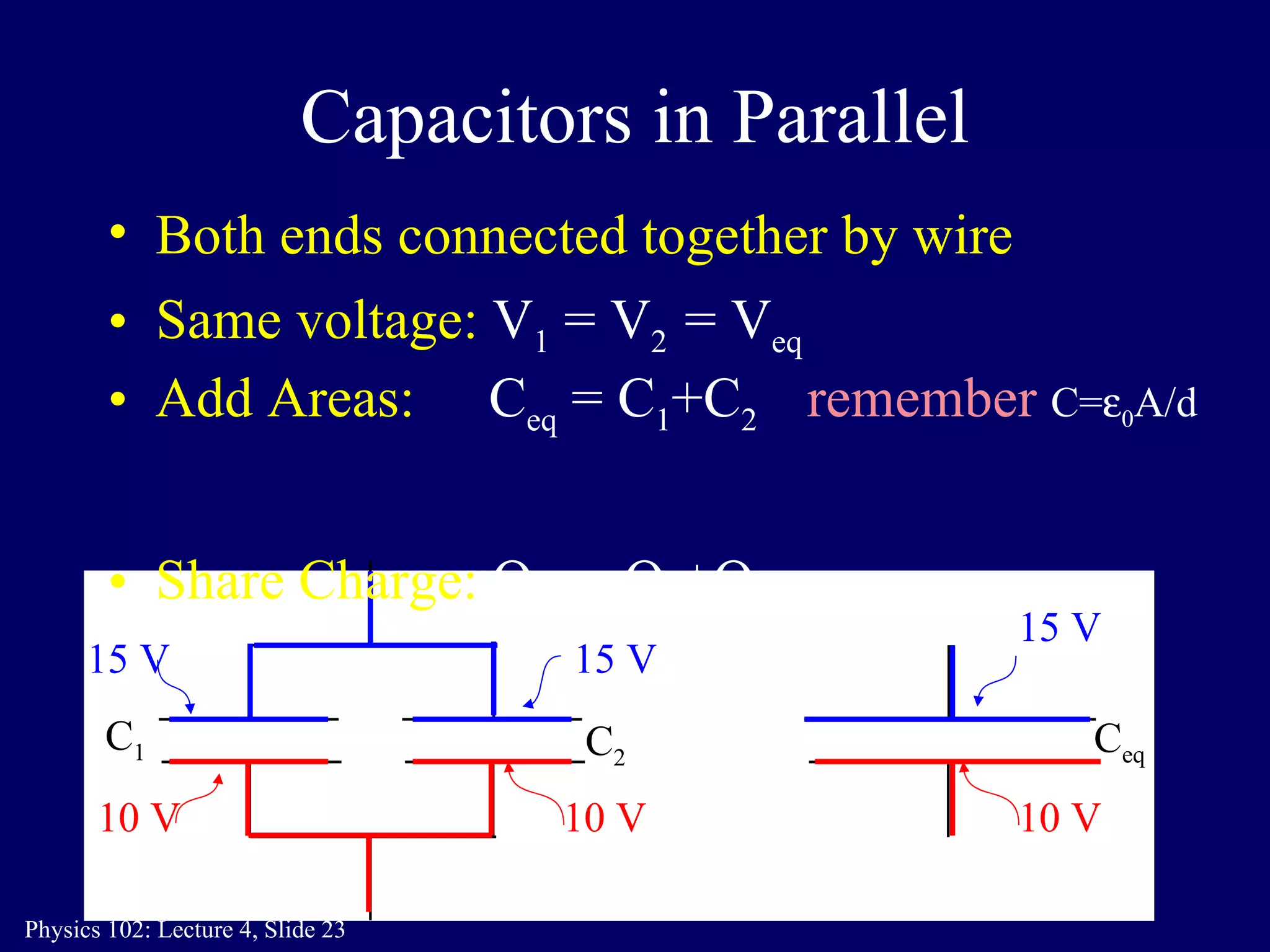 Capacitors in Parallel Both ends connected together by wire C 1 C 2 15 V 10 V 15 V 10 V Add Areas: C eq  = C 1 +C 2  remember  C=  0 A/d   Share Charge:  Q eq  = Q 1 +Q 2 = V eq  Same voltage:  V 1  = V 2 C eq 15 V 10 V 