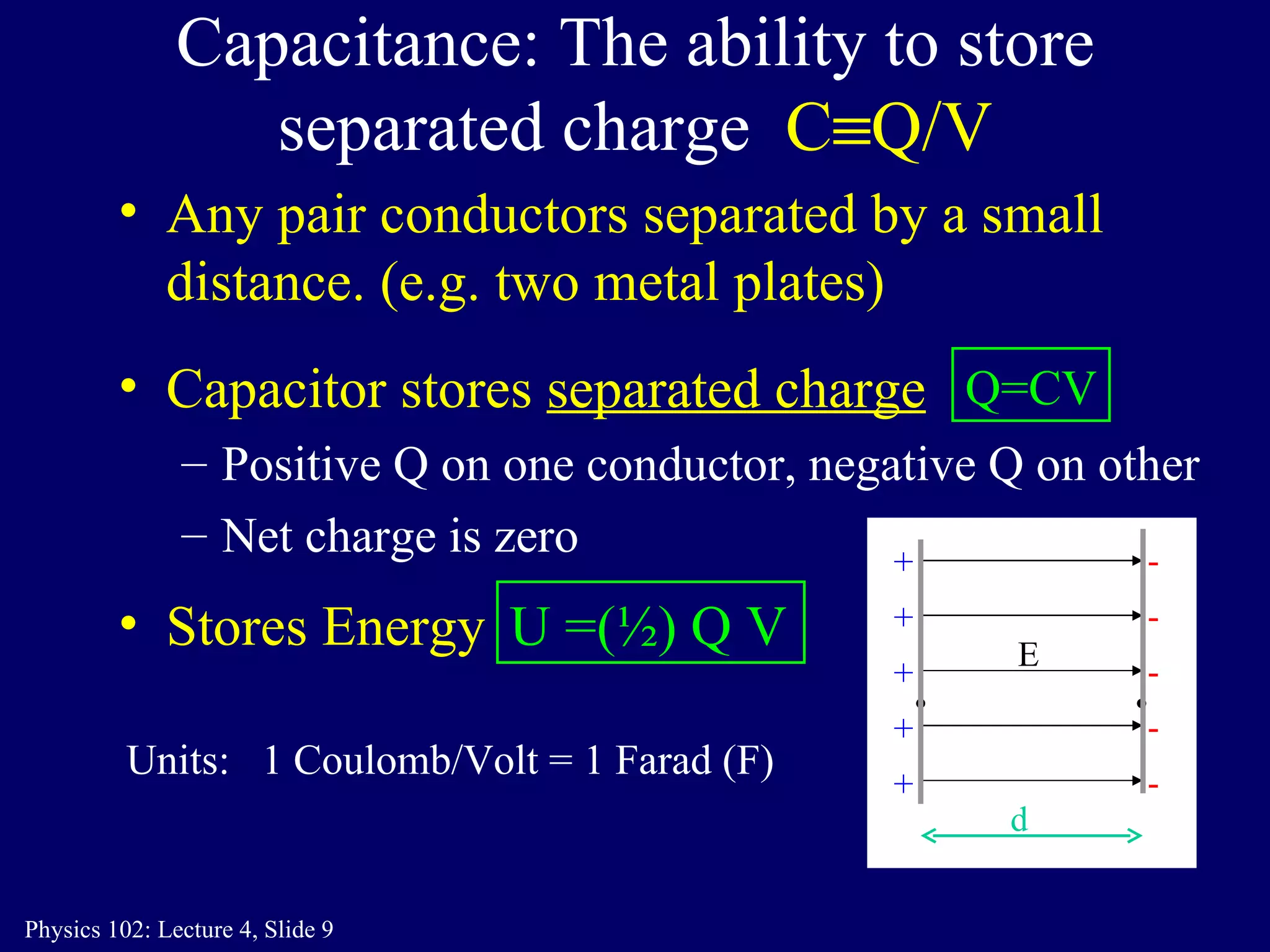 Capacitance: The ability to store separated charge  C  Q/V Any pair conductors separated by a small distance. (e.g. two metal plates)  Capacitor stores  separated charge   Positive Q on one conductor, negative Q on other Net charge is zero Q=CV U =(½) Q V   Stores Energy Units:  1 Coulomb/Volt = 1 Farad (F) E d + + + + + - - - - - 