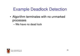Example Deadlock Detection
• Algorithm terminates with no unmarked
  processes
  – We have no dead lock




                                          29
 