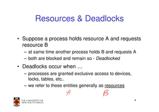 Resources & Deadlocks

• Suppose a process holds resource A and requests
  resource B
  – at same time another process holds B and requests A
  – both are blocked and remain so - Deadlocked
• Deadlocks occur when …
  – processes are granted exclusive access to devices,
    locks, tables, etc..
  – we refer to these entities generally as resources


                                                         4
 