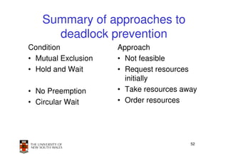 Summary of approaches to
     deadlock prevention
Condition            Approach
• Mutual Exclusion   • Not feasible
• Hold and Wait      • Request resources
                       initially
• No Preemption      • Take resources away
• Circular Wait      • Order resources




                                        52
 
