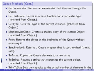Queue Methods (Cont.)
     GetEnumerator: Returns an enumerator that iterates through the
     Queue.
     GetHashCode: Se...