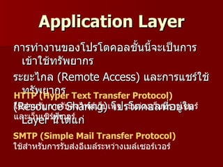 Application Layer
การทำางานของโปรโตคอลชันนี้จะเป็นการ
                              ้
  เข้าใช้ทรัพยากร
ระยะไกล (Remote Access) และการแชร์ใช้
  ทรัพยากร
HTTP (Hyper Text Transfer Protocol)
(Resource บส่งไฟล์เว็บเพจ ระหว่างเว็บบราวเซอร์
ใช้สำาหรับการรั Sharing) โปรโตคอลที่อยู่ใน
และเว็บเซิรนี้ได้แก่
  Layer ์ฟเวอร์
SMTP (Simple Mail Transfer Protocol)
ใช้สำาหรับการรับส่งอีเมล์ระหว่างเมล์เซอร์เวอร์
 