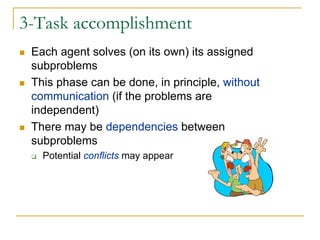 3-Task accomplishment
 Each agent solves (on its own) its assigned
 subproblems
 This phase can be done, in principle, without
 communication (if the problems are
 independent)
 There may be dependencies between
 subproblems
   Potential conflicts may appear
 