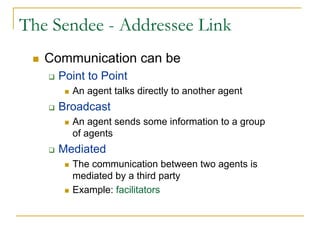 The Sendee - Addressee Link
   Communication can be
     Point to Point
       An agent talks directly to another agent
     Broadcast
       An agent sends some information to a group
       of agents
     Mediated
       The communication between two agents is
       mediated by a third party
       Example: facilitators
 