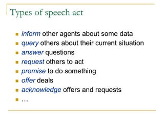 Types of speech act

   inform other agents about some data
   query others about their current situation
   answer questions
   request others to act
   promise to do something
   offer deals
   acknowledge offers and requests
   …
 