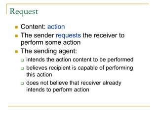 Request
  Content: action
  The sender requests the receiver to
  perform some action
  The sending agent:
    intends the action content to be performed
    believes recipient is capable of performing
    this action
    does not believe that receiver already
    intends to perform action
 